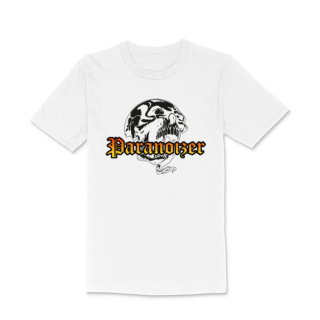 Paranoizer text logo white tee